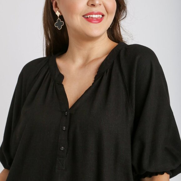 Umgee Plus Black Linen Button Bodice Raglan Top - Picture 3 of 5